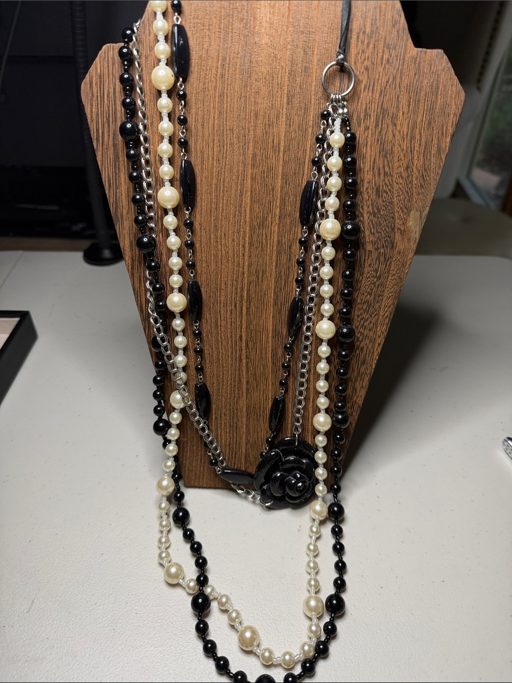 Multi-Strand Black and Pearl Floral Pendant Necklace - Women Jewelry